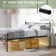 Full/Queen size metal platform bed frame with headboard, featuring 15" under-bed storage space and anti-slip foot pads.