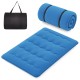 Blue foldable futon mattress with washable cover and carry bag, ideal for camping and versatile floor use.