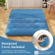 Foldable blue futon mattress with washable cover, ideal for camping, dorms, or as a floor mat. Dustproof cover included.