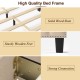 Beige upholstered bed frame with solid wood slats and sturdy wooden feet for high stability and modern style.
