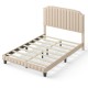 Beige heavy-duty upholstered bed frame with rivet headboard and wood slats for full-size bedding, enhancing room decor.