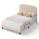 Beige heavy duty upholstered bed frame with rivet headboard, featuring wood slats for durability and modern style.