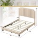 Beige heavy-duty upholstered bed frame with rivet headboard, featuring solid wood structure and modern design for.
