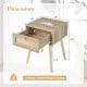 Modern rattan nightstand with drawer, solid wood legs, dimensions shown, ideal for bedroom or living room storage.