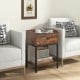 Rustic brown industrial bedside table nightstand with charging station and storage, ideal for bedroom or living room.