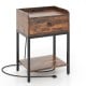 Industrial bedside table nightstand in rustic brown with charging station and storage drawer for convenient bedside use.