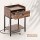 Industrial bedside table nightstand in rustic brown with dimensions, featuring a charging station and storage drawer.