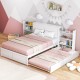 Twin/Full kids wooden platform bed with trundle and storage headboard, featuring a cozy design for sleepovers.