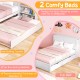 Twin/full kids wooden platform bed with rolling trundle, featuring a high headboard and ample storage for sleepovers.