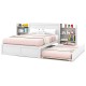 Twin/Full kids wooden platform bed with trundle, featuring a storage headboard and double mobile bookshelves for.