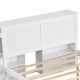 Close-up of the white wooden headboard with dual mobile bookshelves for the Twin/Full kids platform bed with trundle.