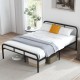 Black full bed frame with headboard and footboard, featuring 12-inch under-bed space and sturdy metal slats for support.