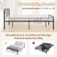 Full bed frame in black with headboard and footboard, designed for 4"-12" thick mattress, no box spring needed.