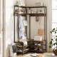 Corner garment rack in rustic brown with 7 hooks and open shelves, ideal for entryway or living room organization.
