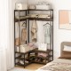 Corner garment rack in rustic brown with 7 hooks and open shelves, ideal for entryways and maximizing space.
