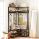 L-shaped corner garment rack in rustic brown with adjustable foot pads and 7 hooks, ideal for stylish and functional.
