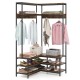 Corner garment rack in rustic brown with 7 hooks and open shelves, ideal for organizing shoes and coats in tight spaces.