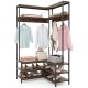 Corner garment rack in rustic brown with 7 hooks, shelves, and shoe storage for organized entryways and living spaces.