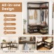 Corner garment rack in rustic brown with 2 upper shelves, 3 storage shelves, and 7 hooks for versatile storage.