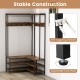 Corner garment rack in rustic brown with 7 hooks and open shelves, perfect for entryways and space-saving storage.