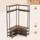 Corner garment rack in rustic brown with open shelves and hooks, ideal for entryways and maximizing space.