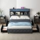 Full/Queen size bed frame with adjustable storage headboard, LED lights, and four sliding drawers for convenient.