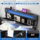 Adjustable storage headboard with LED light, USB ports, and side pockets for convenient bedside organization.