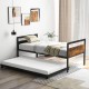 Twin metal daybed with trundle, featuring lockable wheels and industrial design, perfect for bedrooms and guest rooms.