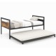 Twin metal daybed with trundle on lockable wheels, featuring sturdy slats and an industrial design for versatile use.