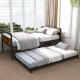 Twin metal daybed with trundle, featuring lockable wheels and sturdy support, ideal for living room or guest room use.