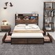 Full/Queen size bed frame with bookcase headboard, 4 storage drawers, and industrial design for organized bedroom space.