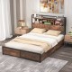 Full/Queen size bed frame with industrial bookcase headboard and 4 storage drawers, perfect for organizing bedroom.