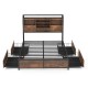 Full/Queen size bed frame with industrial design, bookcase headboard, and 4 storage drawers for organized bedroom.
