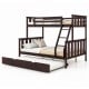Espresso 3-in-1 twin over full bunk bed with trundle and ladder, featuring sturdy wooden slats and space-saving design.