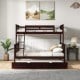 Twin over full bunk bed in espresso with trundle, sturdy wooden slats, and ladder, ideal for space-saving in homes.