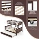 3-in-1 twin over full bunk bed in espresso with trundle, featuring thickened wooden slats and solid wood support legs.