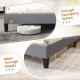 Queen size upholstered platform bed in gray with tufted headboard, featuring 5" under-bed storage space for convenience.