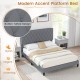 Queen size upholstered platform bed with button tufted gray headboard, designed for comfort and modern bedroom.