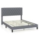 Queen size upholstered platform bed in gray with button tufted headboard and solid wooden slats for stability and style.