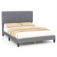 Queen size upholstered platform bed in gray with button tufted headboard, designed for comfort and modern style.