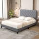 Queen size upholstered platform bed in gray with button tufted headboard, ideal for modern bedrooms and guest rooms.