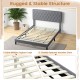 Queen size upholstered platform bed with gray tufted headboard and wooden slats, ideal for modern bedrooms and guest.