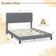 Queen size upholstered platform bed in gray with tufted headboard, featuring solid slats and under-bed storage space.