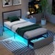 Twin size bed frame with LED lights, upholstered in linen fabric, featuring a rolling drawer for organized storage.