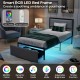 Twin size bed frame with LED lights, upholstered in linen, featuring a rolling drawer for organized storage and.