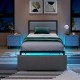 Twin size bed frame with LED lights, upholstered in linen, featuring a rivet-decorated headboard and rolling drawer.