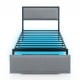 Twin size bed frame with LED lights, upholstered in linen fabric, featuring a rivet-decorated headboard and rolling.