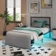 Twin size bed frame with LED lights, upholstered in linen fabric, featuring a rivet-decorated headboard and drawer.
