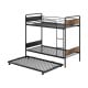 Twin over twin bunk bed in black with trundle, ladder, and full-length guardrails for safe sleeping.