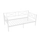 Twin size platform bed in white with heavy-duty metal frame, ideal for small spaces and stylish seating.